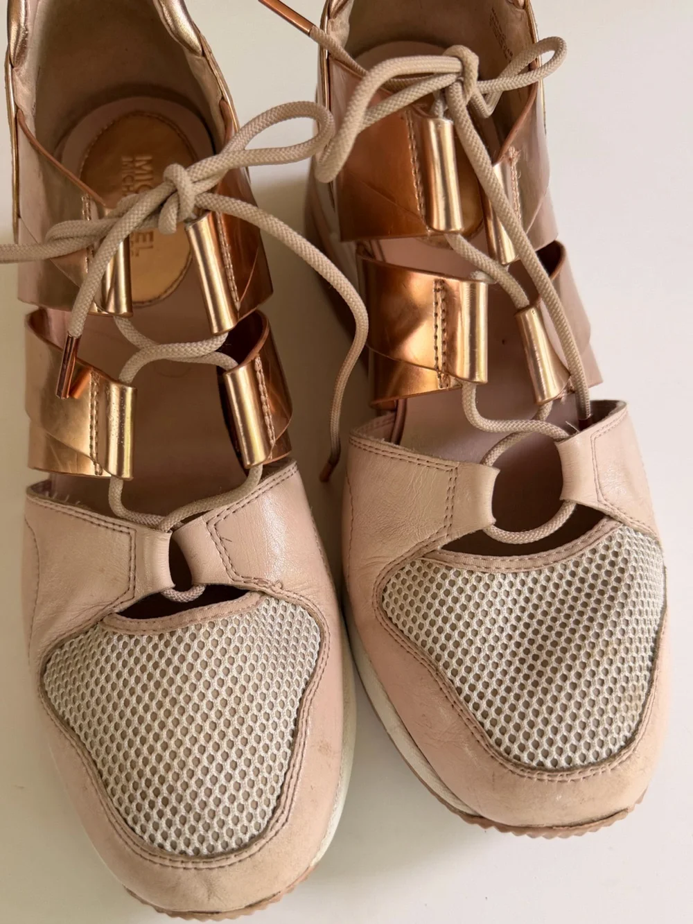 Michael Kors Beckett Trainer Wedge Sneakers Rose Gold Blush Leather Size 9.5